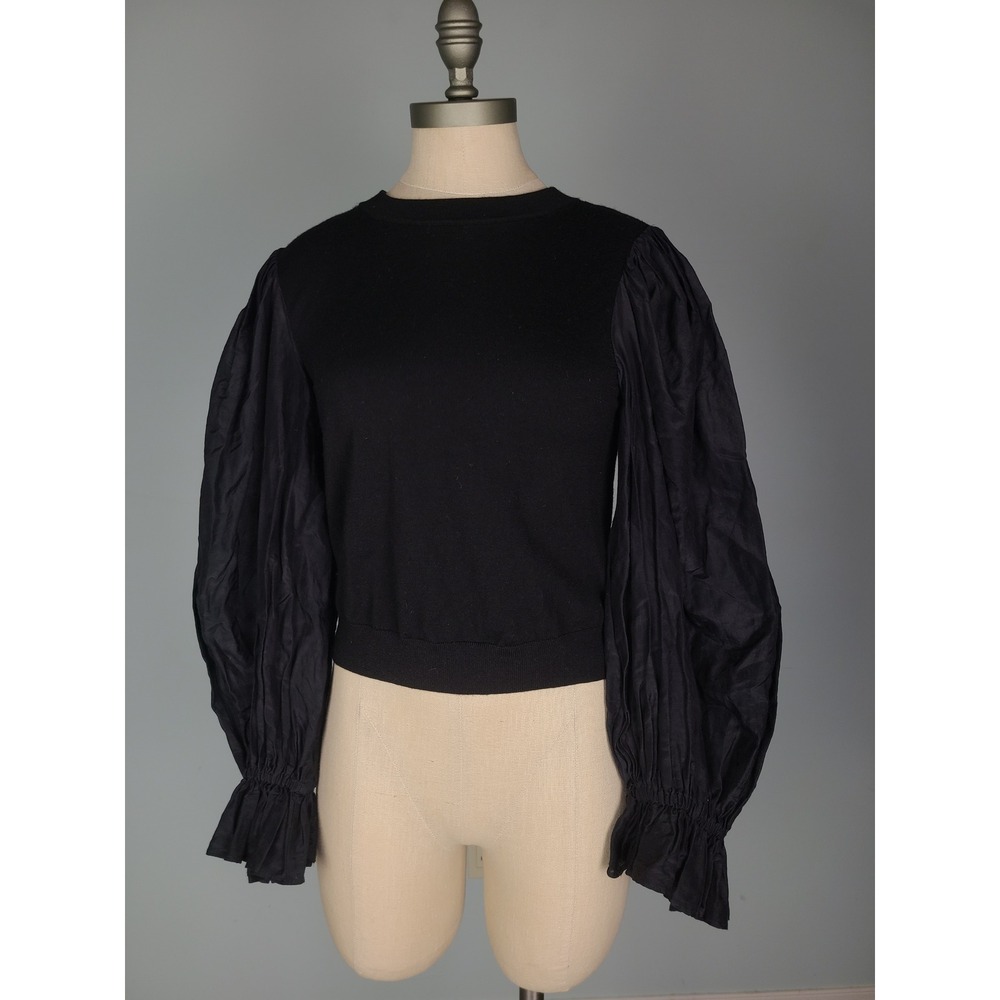 Alice + Olivia L Kirie Combo Sleeve Mock Neck Sweater Wool Silk Luxury Elevated